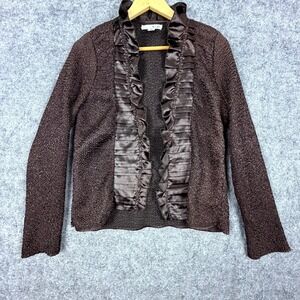 WD.NY Jacket Womens PM Chocolate Brown Y2K Satin Ruffle Trim Textured Open Front
